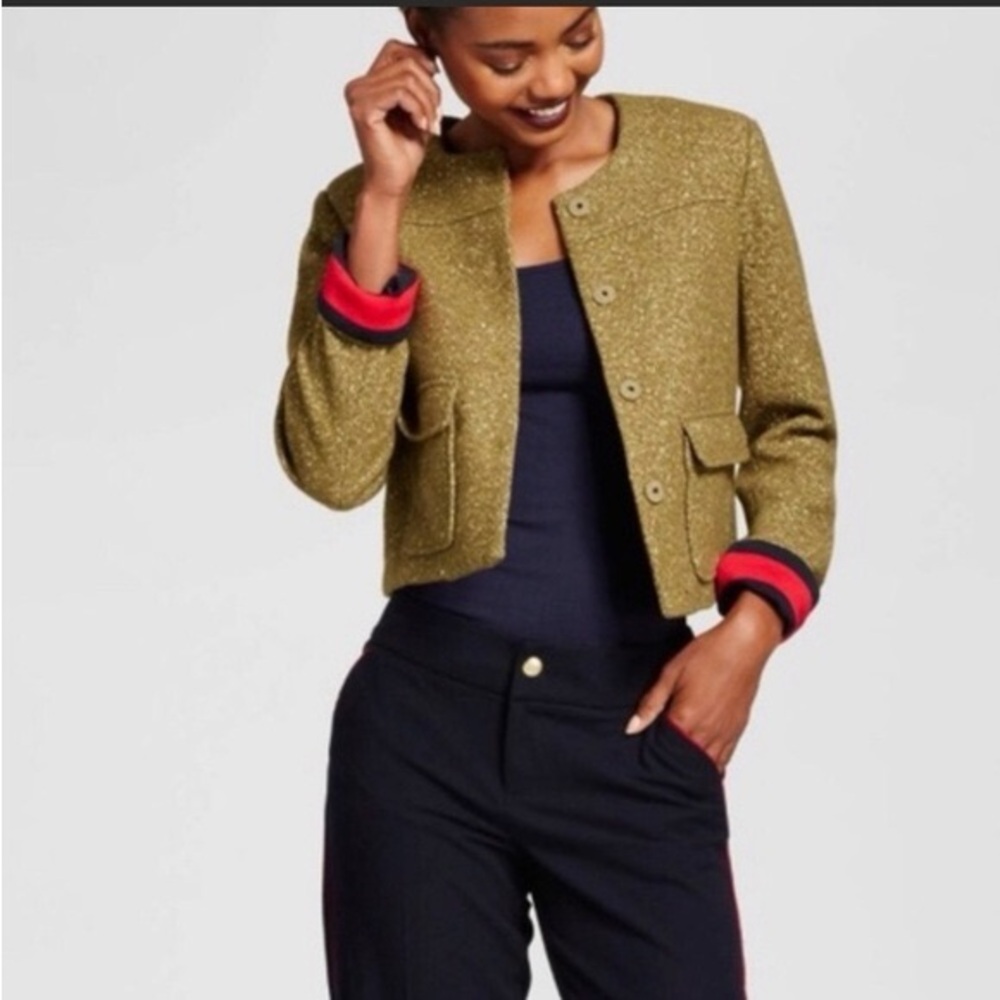 NWT- A NEW DAY OLIVE GREEN  & GOLD BOUCLE' JACKET - SIZE 2
